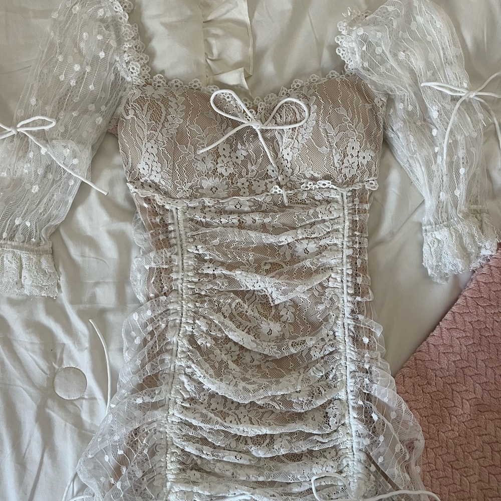 Fashion Nova Cream and Tan Lace Trim Dress